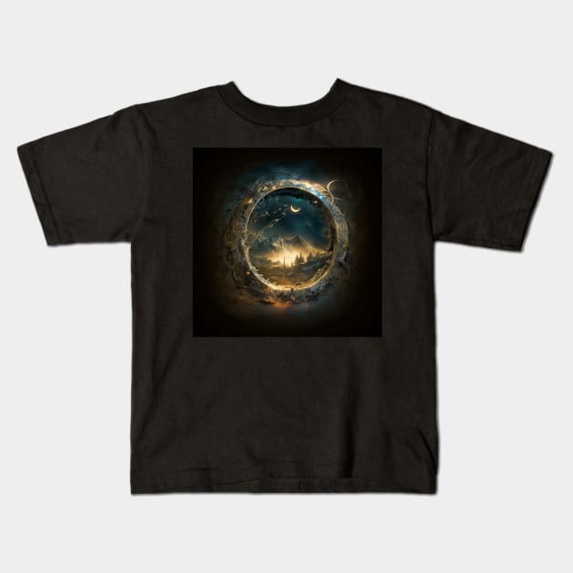 One Ring Portal View of Mountains and Forest Under A Night Sky Kids T-Shirt by entwithanaxe